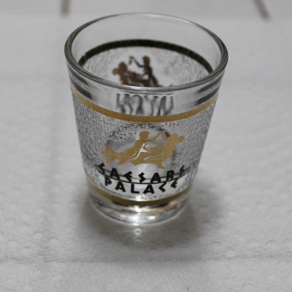Vintage Shot Glass Caesars Palace 22 kt Gold Black Frosted Texture